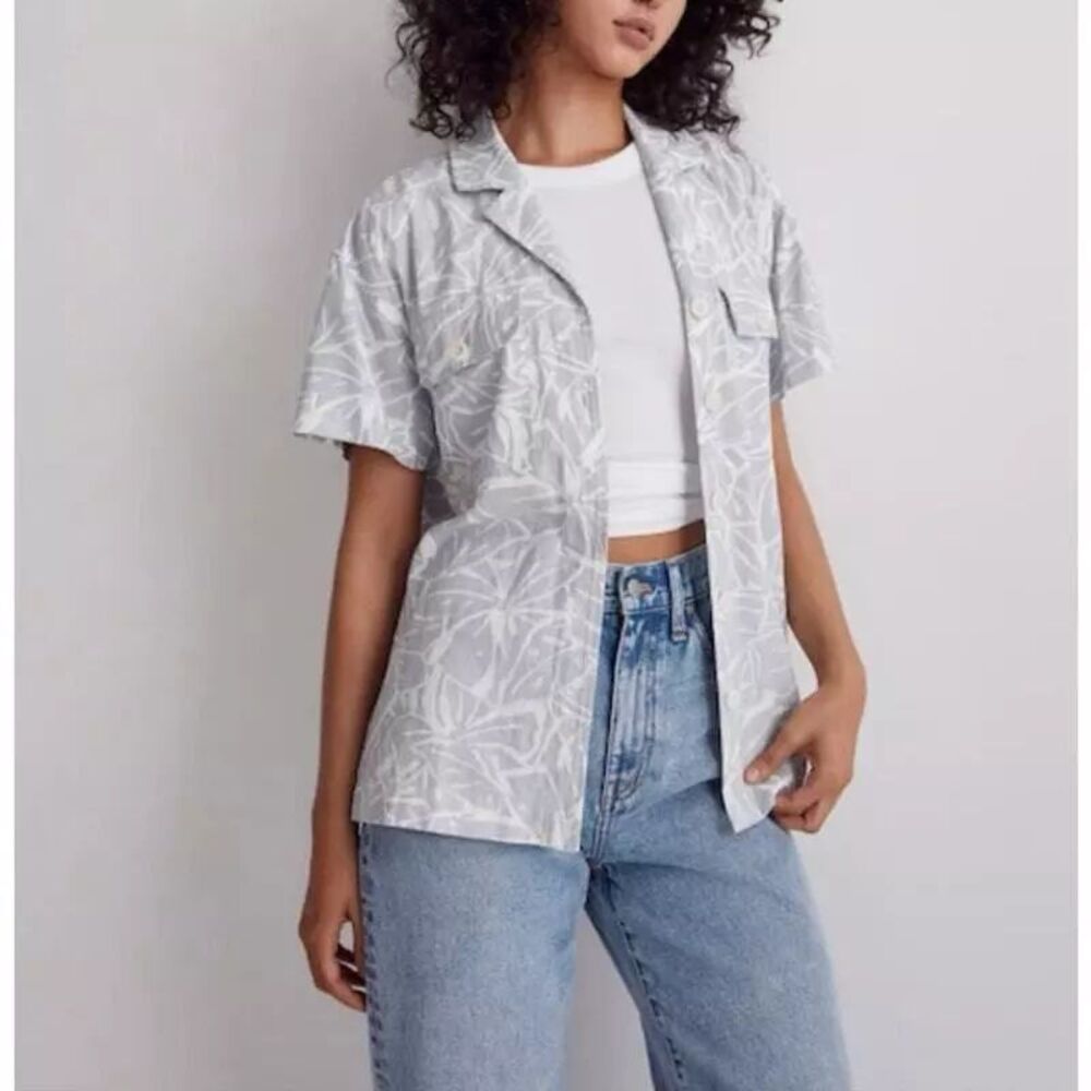 Madewell Short Sleeve‎ Button Down Linen Blend Shirt Blue/White Floral Size M